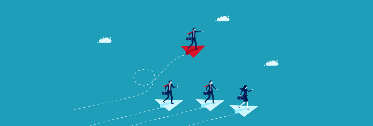 illustrative image of 3 people flying on white color paper rocket with the guidance of a leader in red color paper rocket